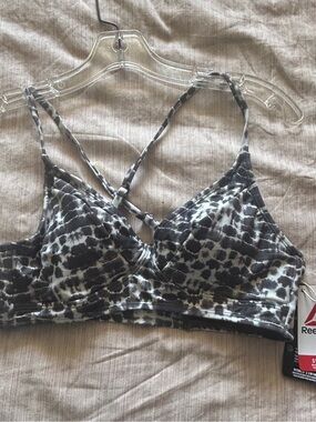 Reebok Black & White Leopard-Print Bralette with Crisscross Straps